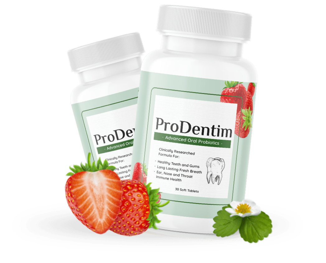 Two bottles of ProDentim advanced oral probiotics with fresh strawberries