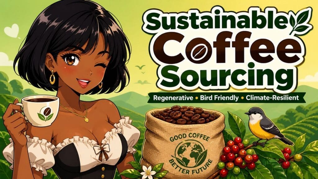 Anime-style featured image for Sustainable Coffee Sourcing in 2026: Regenerative, Bird Friendly, and Climate-Resilient Beans