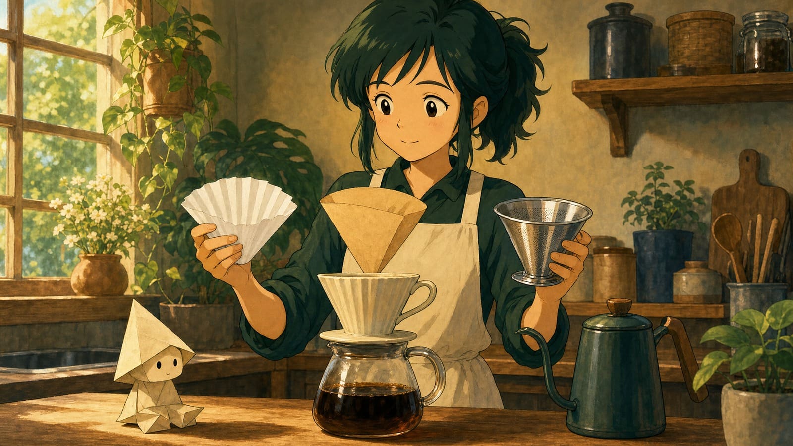 Cozy anime illustration of a barista comparing coffee filters for pour over