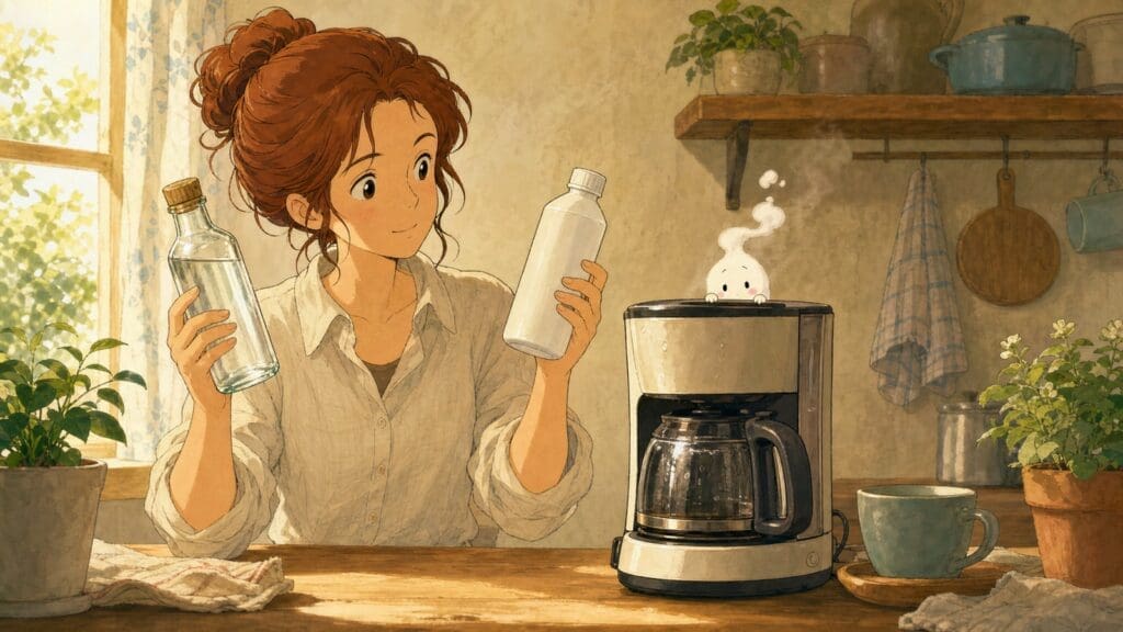 Cozy anime illustration comparing vinegar and coffee maker descaler