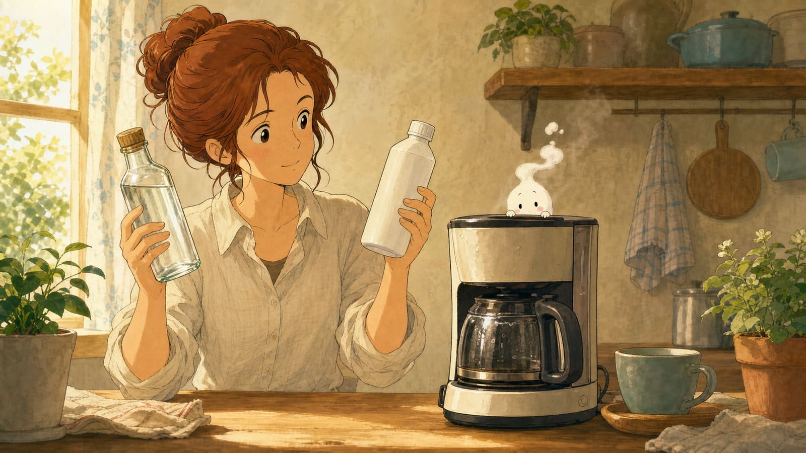 Cozy anime illustration comparing vinegar and coffee maker descaler