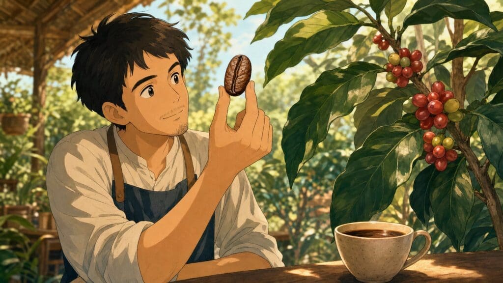 Cozy anime illustration of a barista holding Liberica coffee beans near a coffee plant