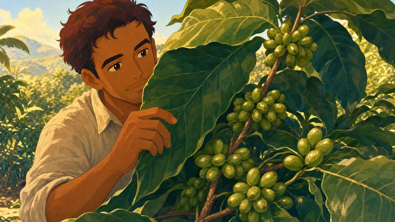 Anime-style illustration of a Liberica coffee plant with large leaves and green cherries