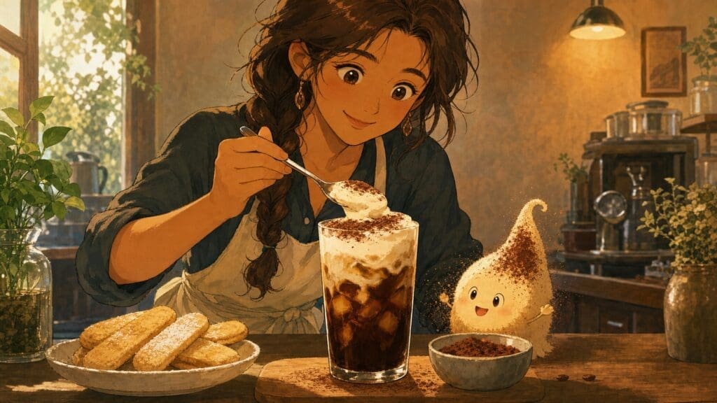 Cozy anime illustration of tiramisu cold brew with mascarpone foam