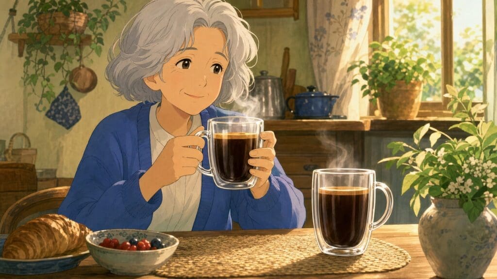 Cozy anime illustration of double walled glass coffee mugs
