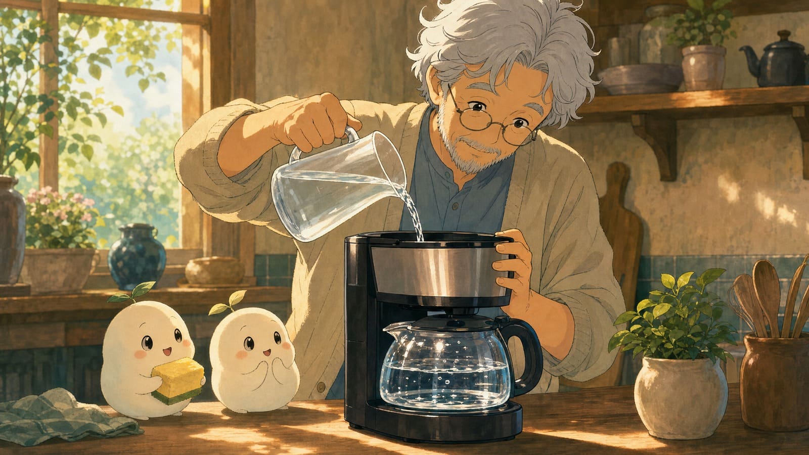 Cozy anime illustration of descaling a coffee maker