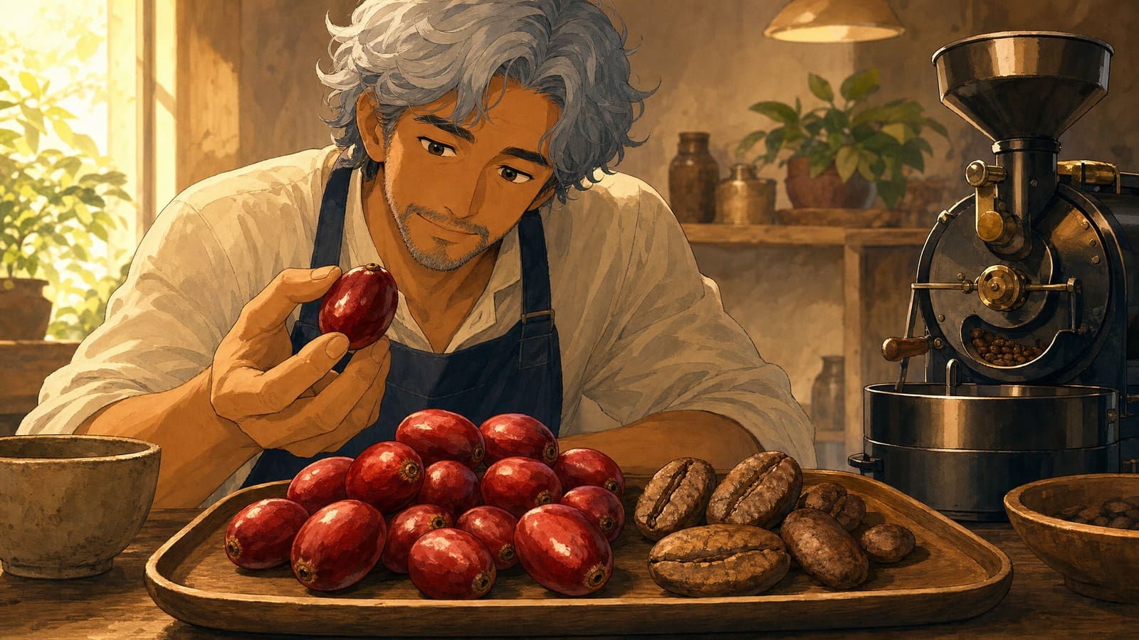 Anime-style illustration of large Liberica coffee cherries beside roasting tools