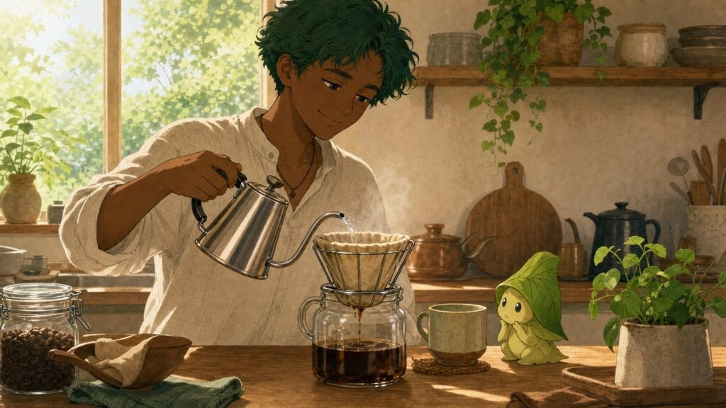 Cozy anime illustration of plastic-free coffee brewing tools