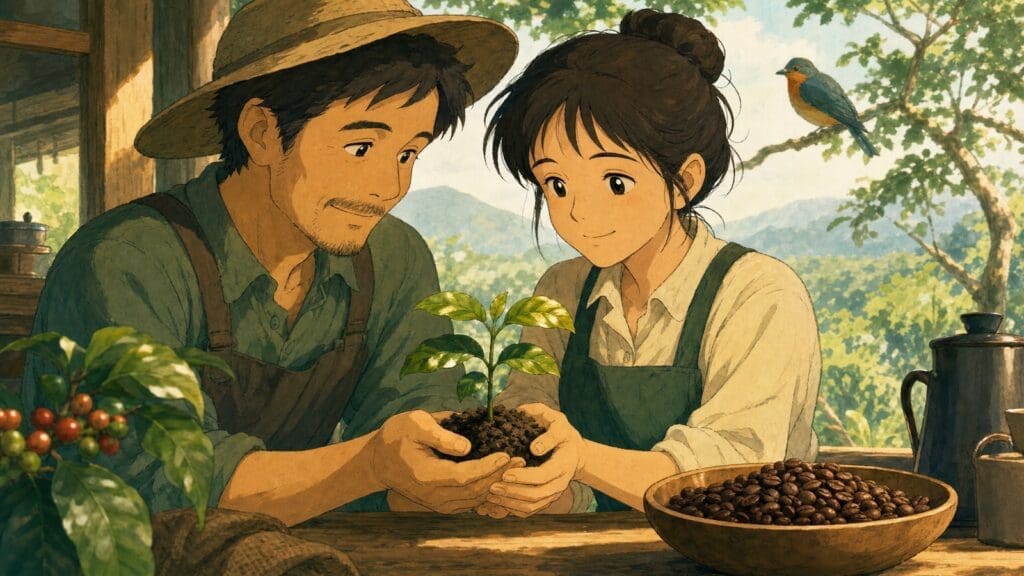 Cozy anime illustration of sustainable coffee sourcing with a seedling and coffee beans