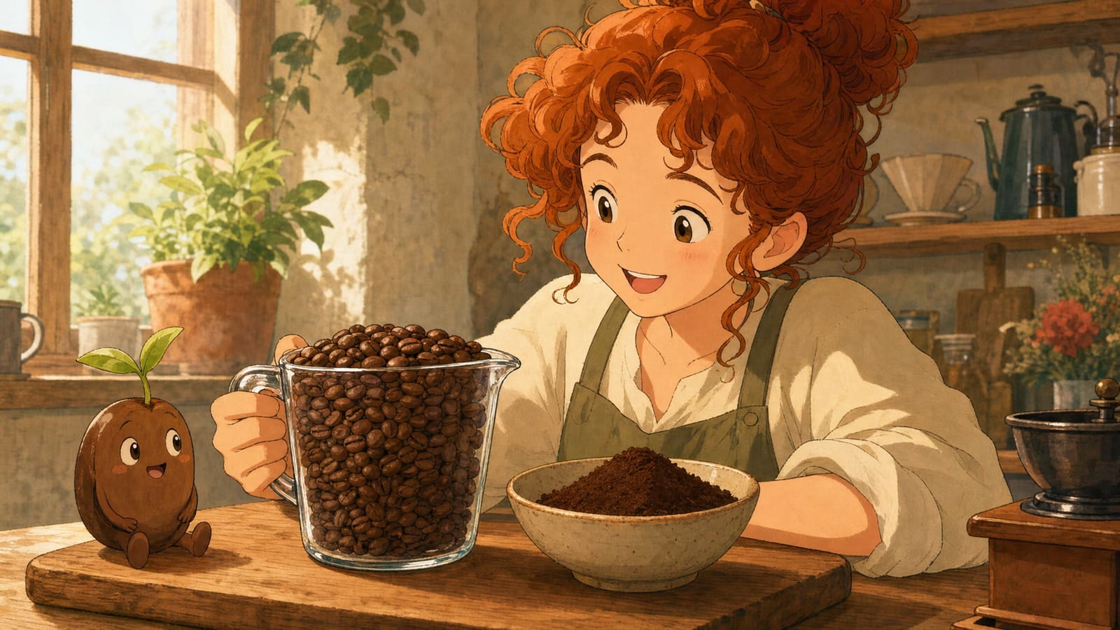 Cozy anime illustration of measuring whole coffee beans and ground coffee