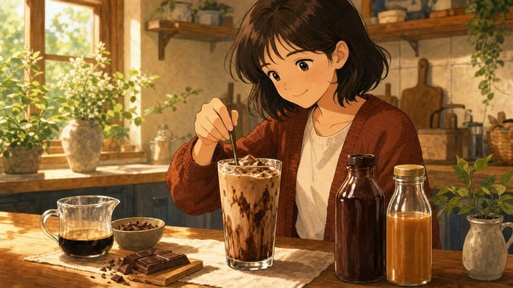 Cozy anime illustration of a brunette mocha copycat drink