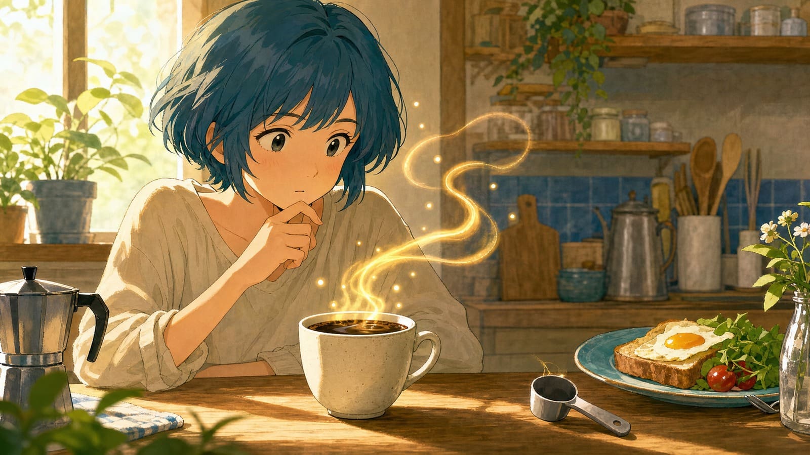 Cozy anime illustration of caffeine energy in a cup of coffee