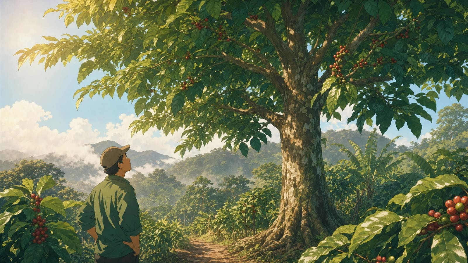 Anime-style illustration of a tall Liberica coffee tree in a humid farm