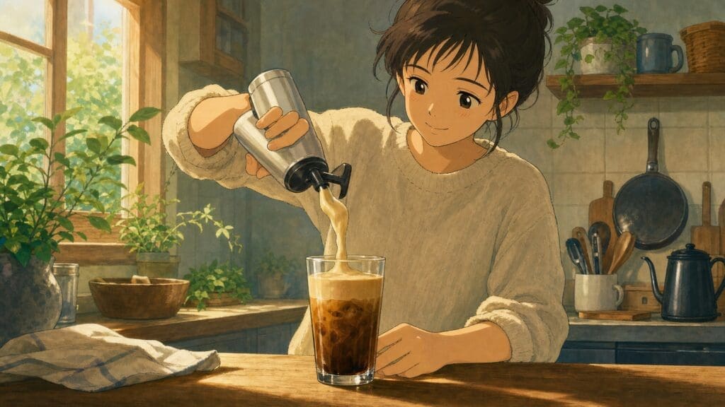 Cozy anime illustration of creamy nitro coffee made at home without a keg