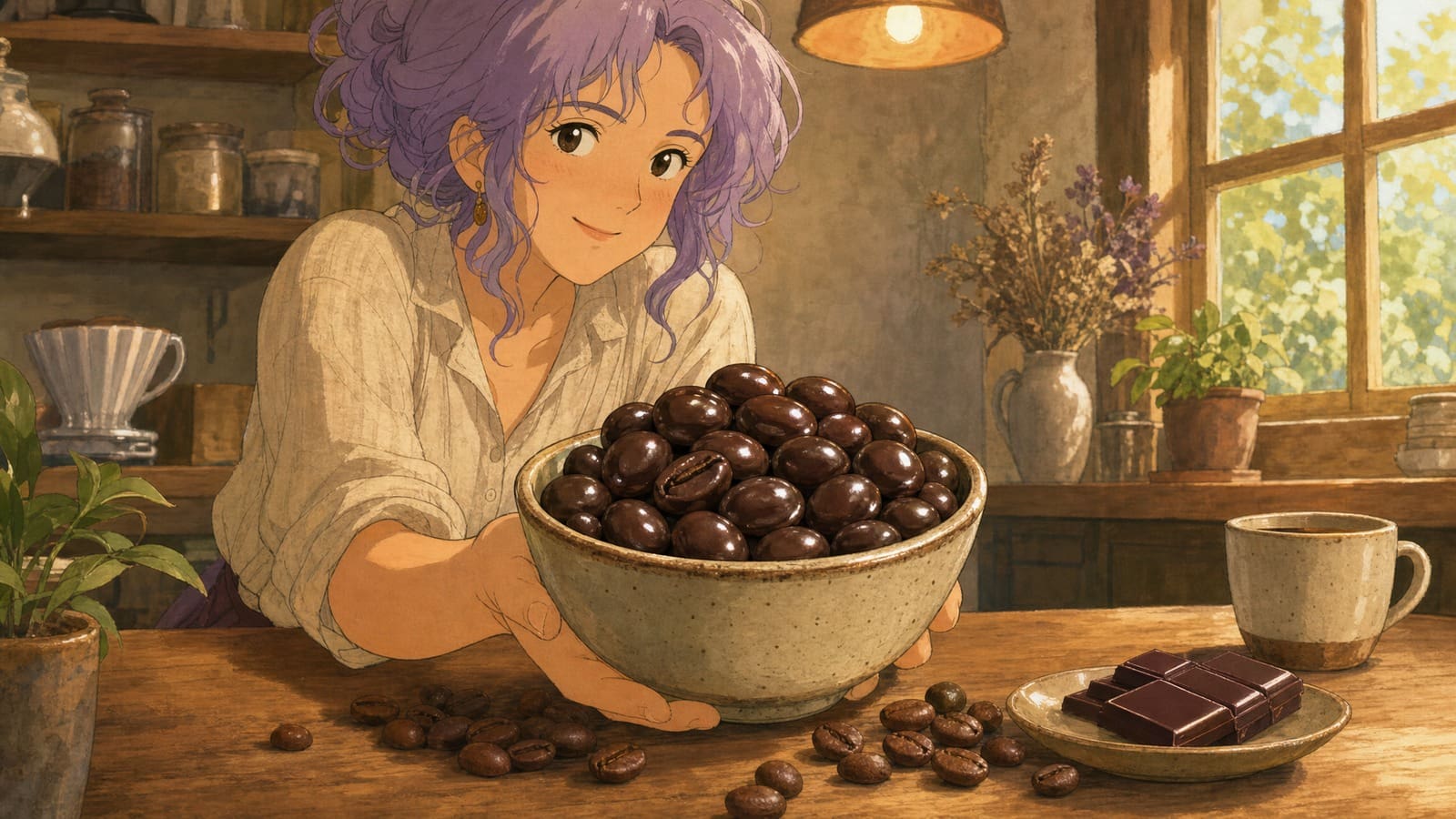 Cozy anime illustration of chocolate covered coffee beans in a ceramic bowl
