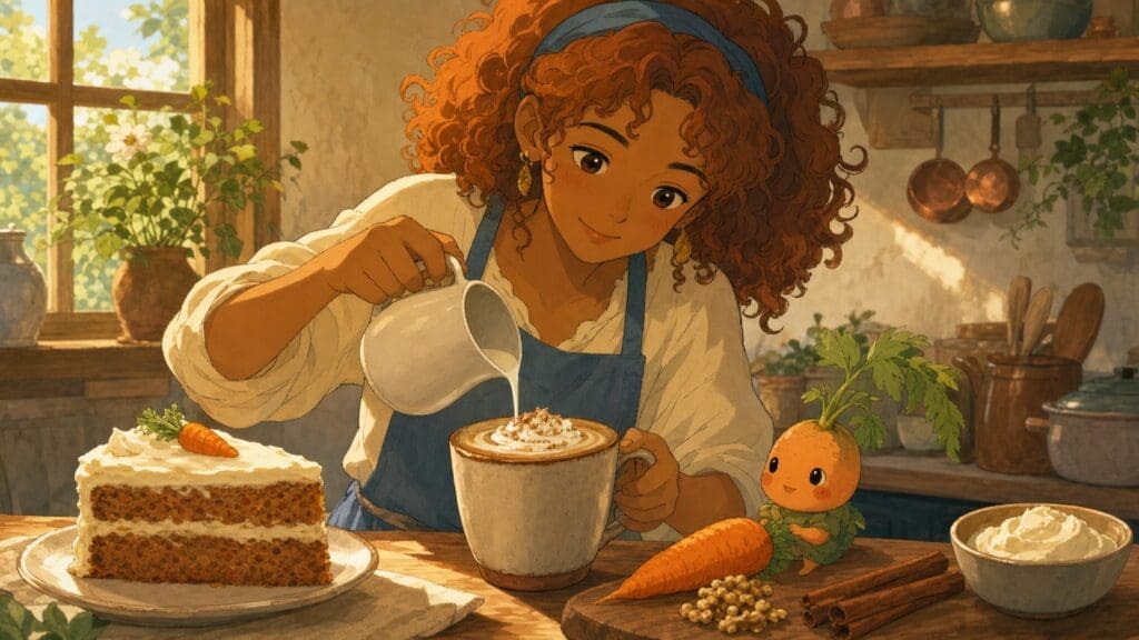 Cozy anime illustration of a carrot cake latte with warm spices