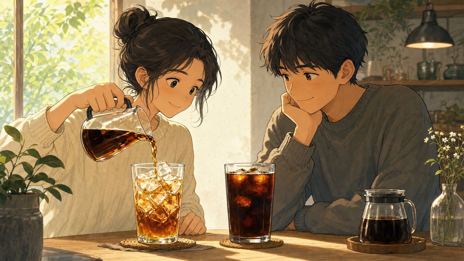 Cozy anime illustration comparing flash chilled coffee and cold brew