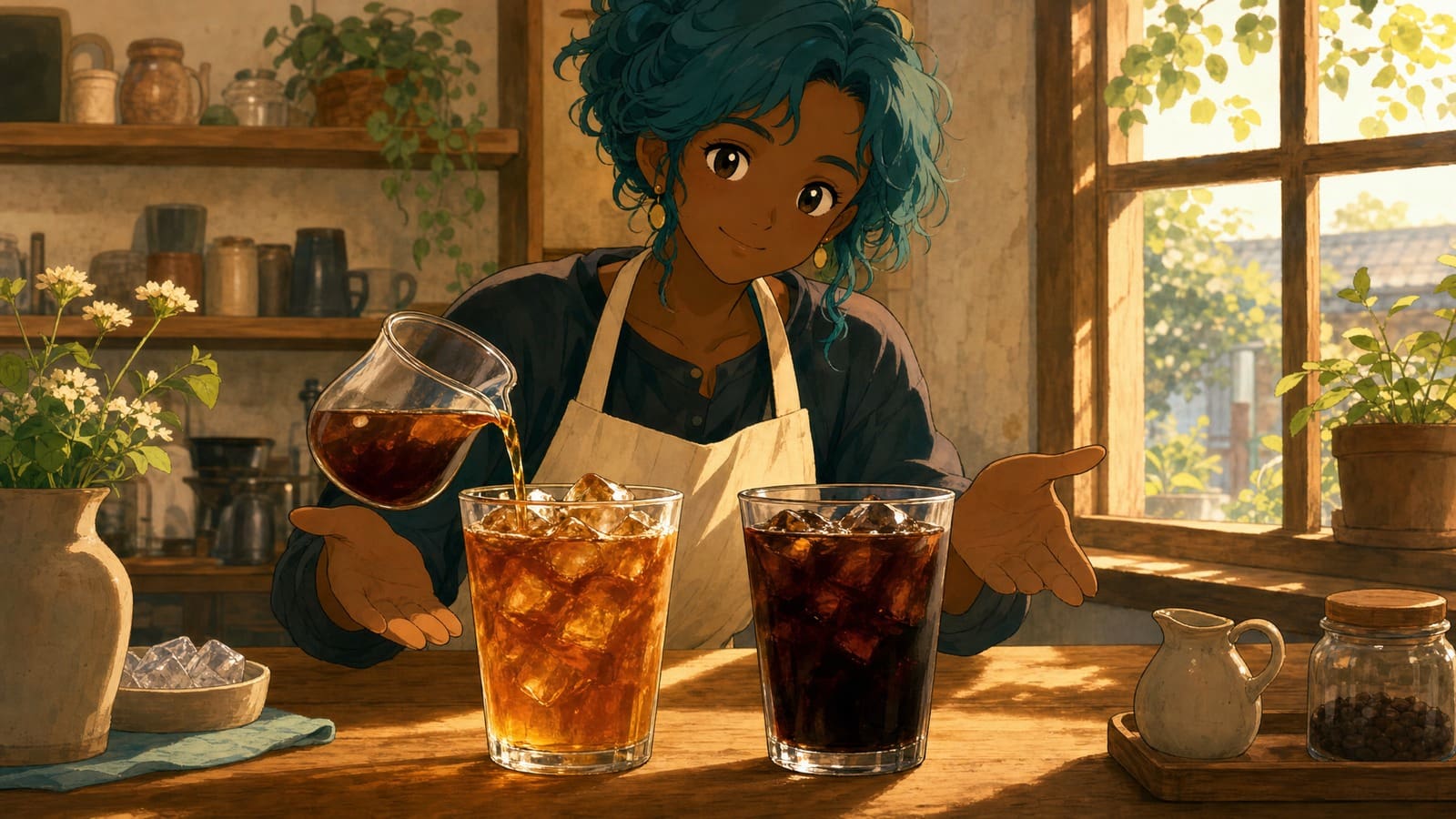 Anime-style illustration comparing flash-chilled coffee and cold brew in two glasses