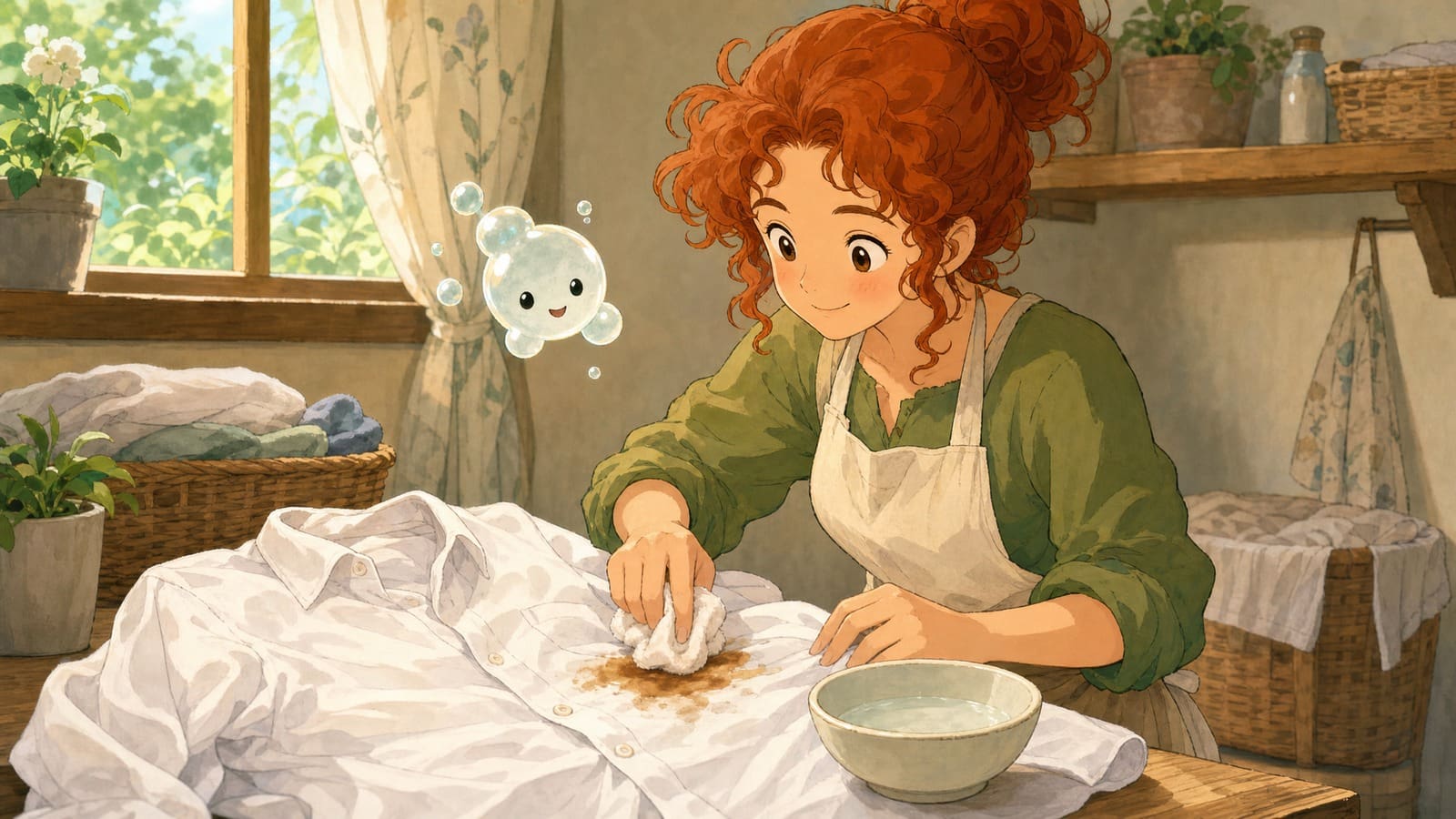 Cozy anime illustration of removing an old coffee stain from clothing