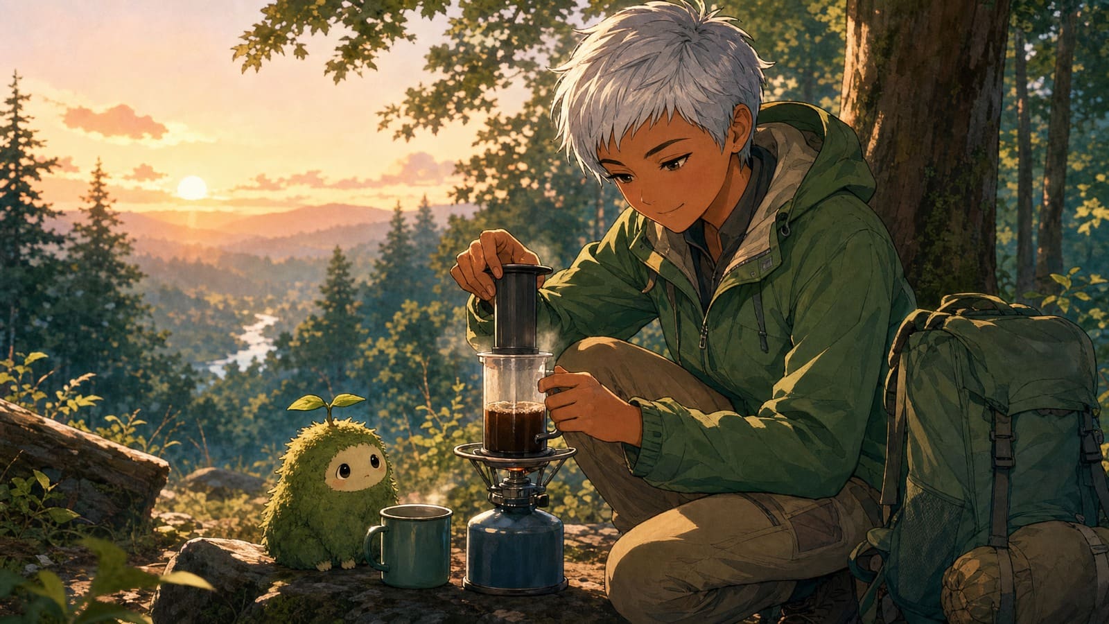 Cozy anime illustration of a backpacking coffee maker at camp