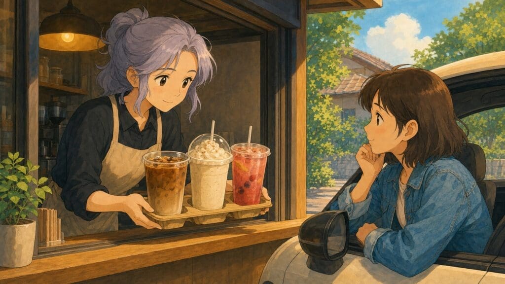 Cozy anime illustration of choosing from colorful unbranded cafe drinks