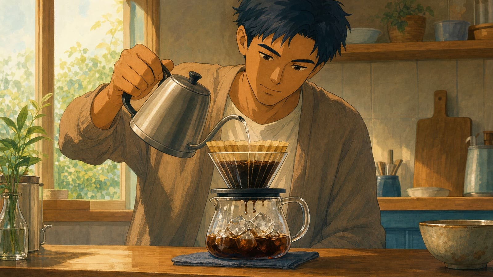 Anime-style illustration of hot pour-over coffee dripping directly onto ice