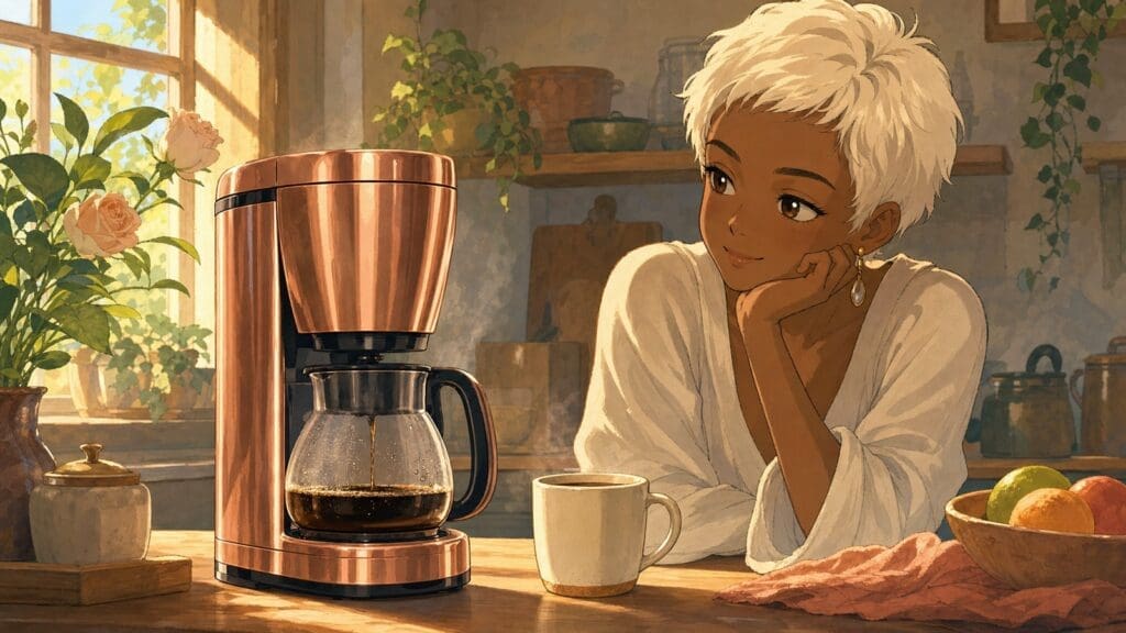 Cozy anime illustration of a rose gold coffee maker on a kitchen counter