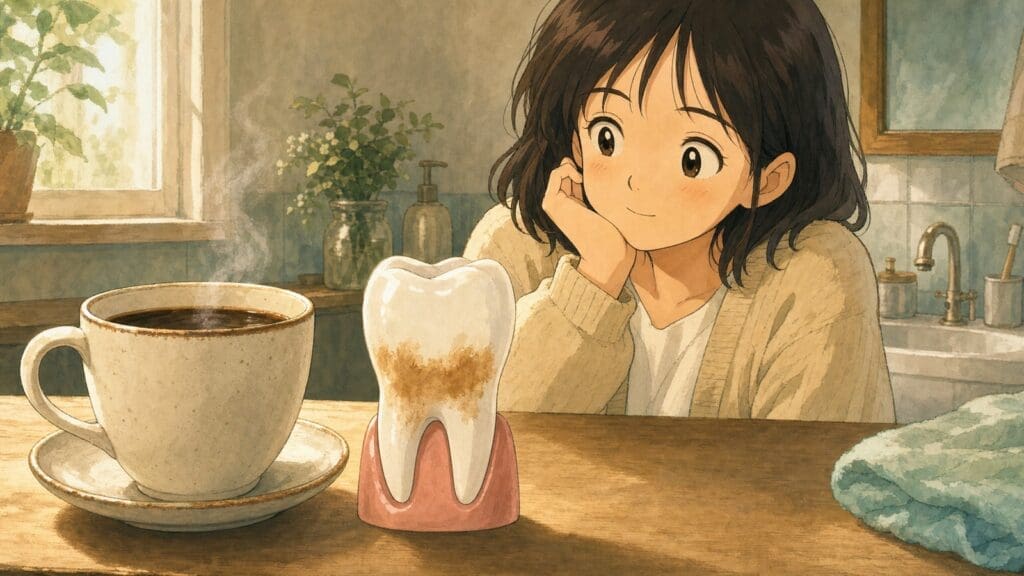 Cozy anime illustration of coffee staining a tooth enamel model