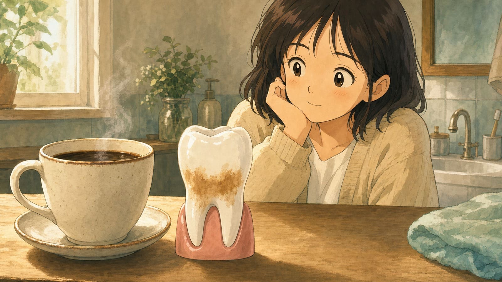 Cozy anime illustration of coffee staining a tooth enamel model