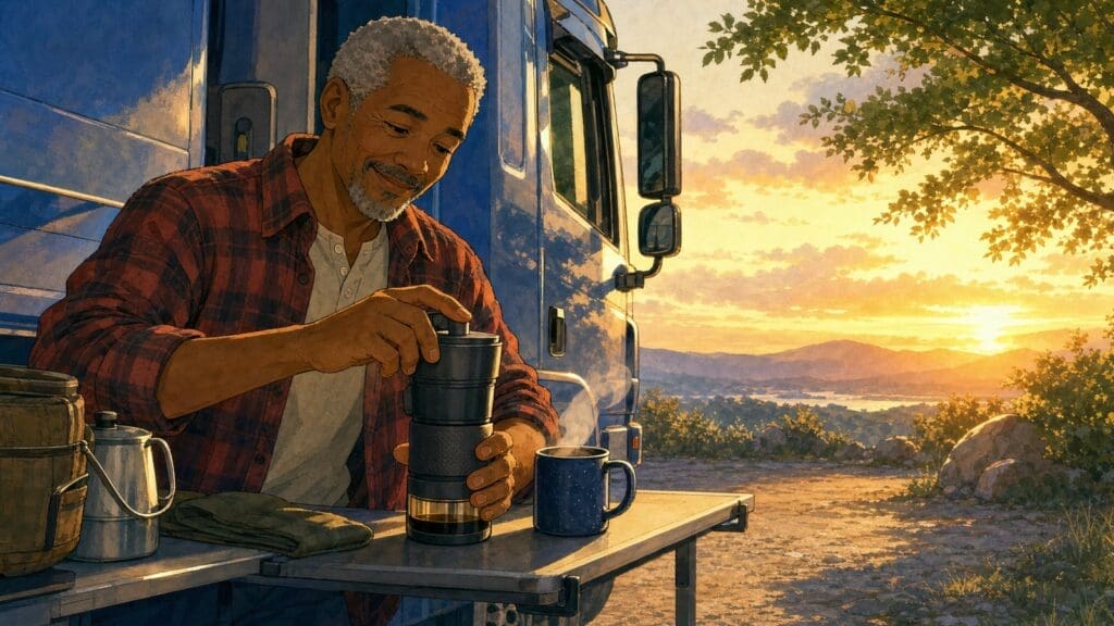 Cozy anime illustration of a travel coffee maker for truck drivers