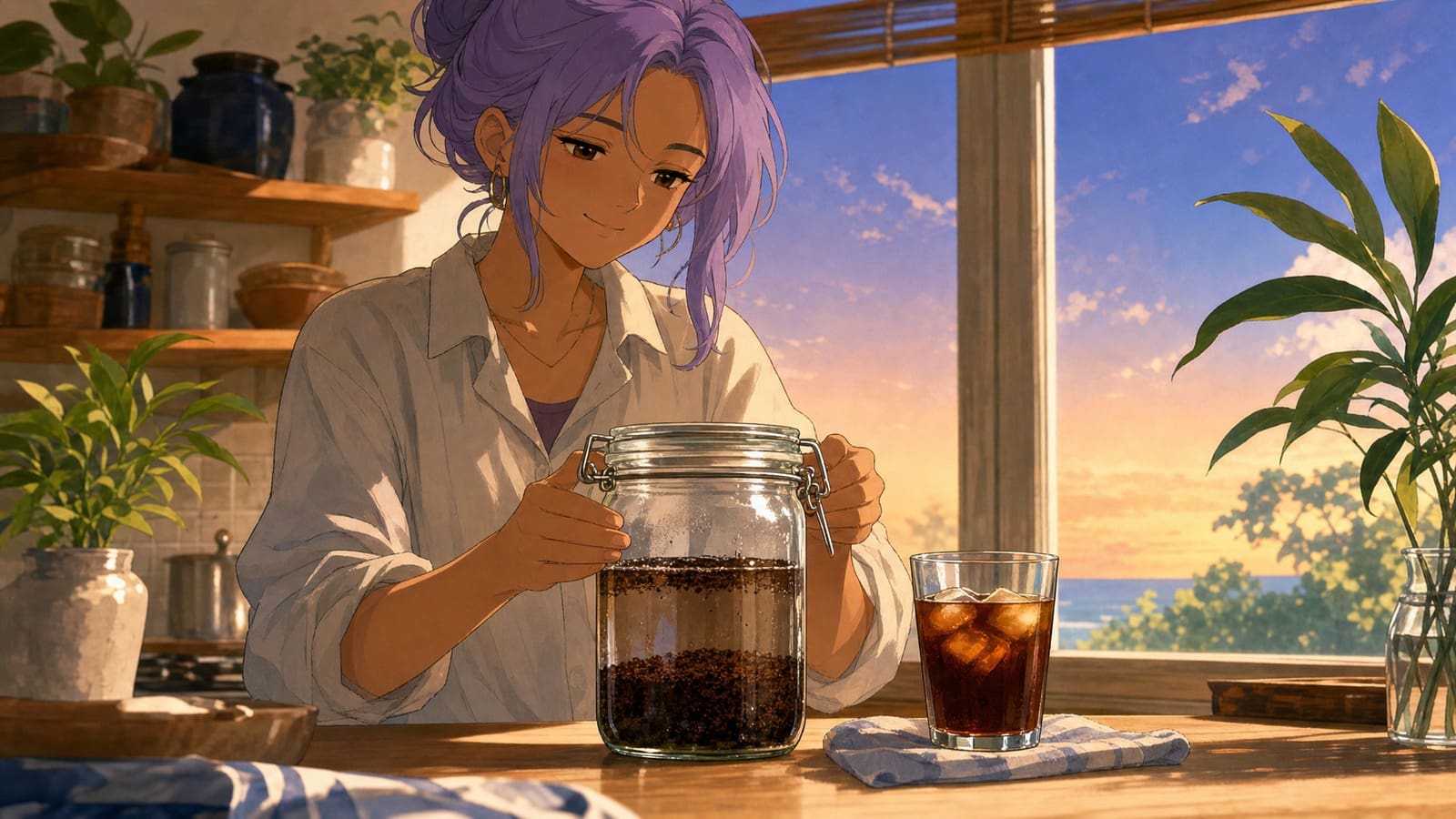 Anime-style illustration of cold brew steeping in a glass jar with coarse grounds