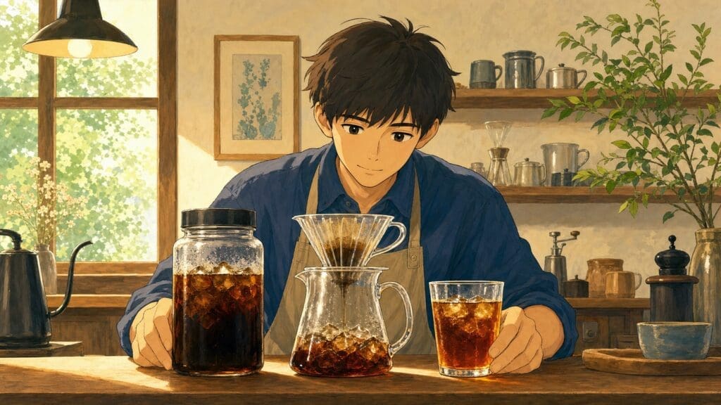 Cozy anime illustration of cold brew and flash chilled coffee methods