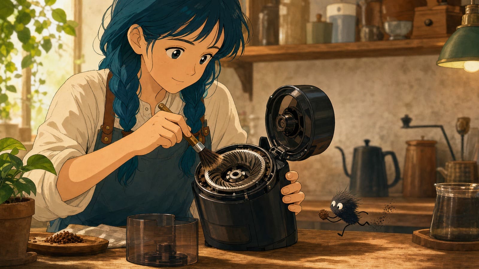 Cozy anime illustration of cleaning a coffee grinder with a brush