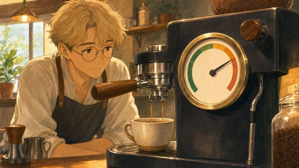 Cozy anime illustration of espresso pressure and extraction