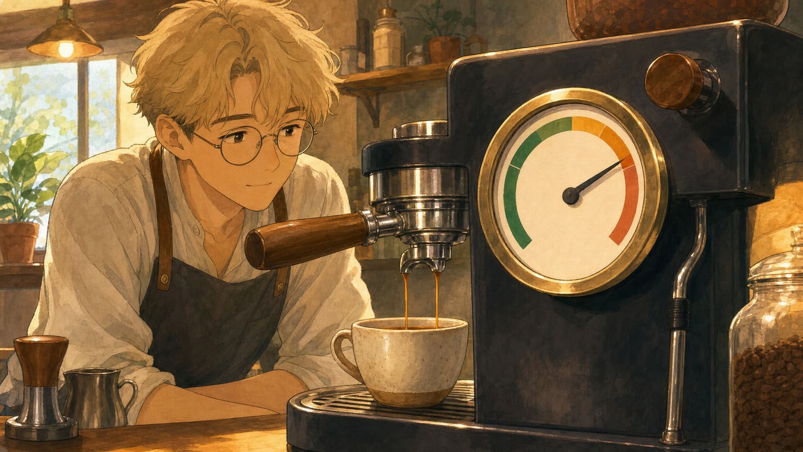 Cozy anime illustration of espresso pressure and extraction
