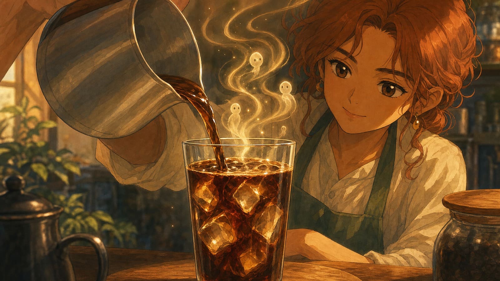 Anime-style illustration of coffee aromatics rising as hot coffee meets ice