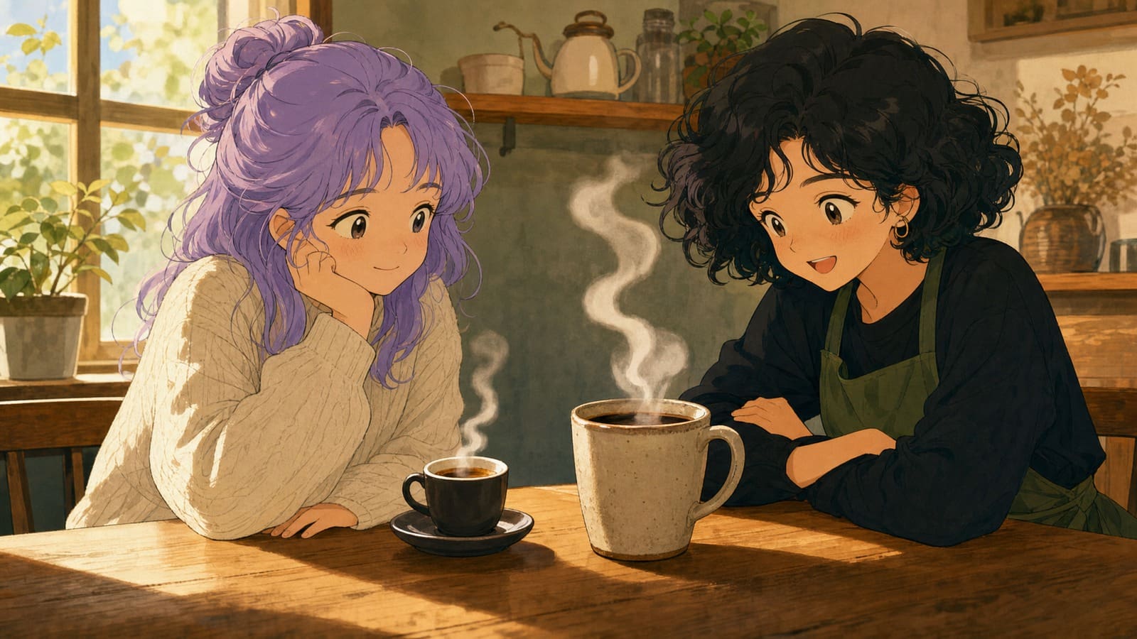Cozy anime illustration comparing an Americano and brewed coffee