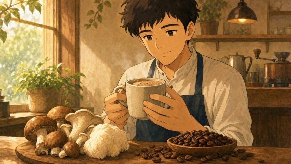 Cozy anime illustration of mushroom coffee with a barista