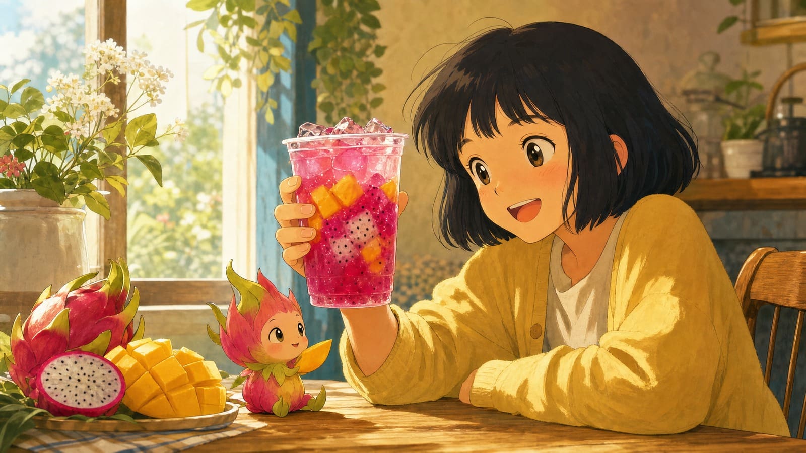 Cozy anime illustration of a mango dragonfruit refresher drink