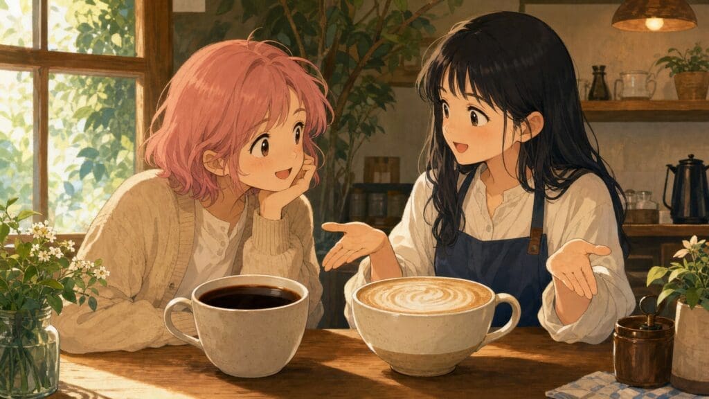 Cozy anime illustration comparing an Americano and a latte