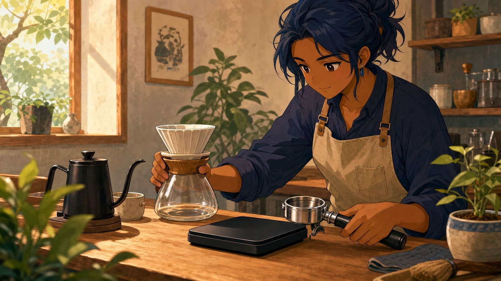 Cozy anime illustration of a coffee scale for espresso and pour over