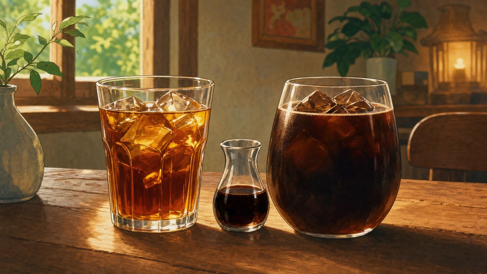 Anime-style illustration of two iced coffee glasses showing clarity and body