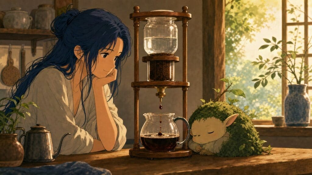 Cozy anime illustration of a Kyoto-style slow drip coffee tower