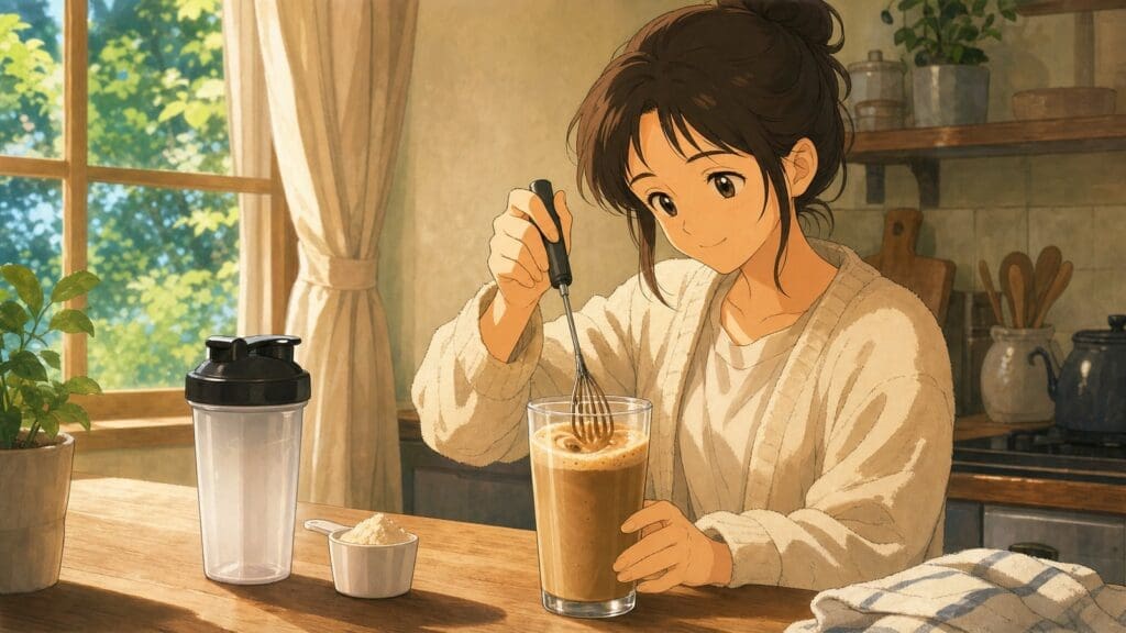 Cozy anime illustration of smooth protein coffee being mixed