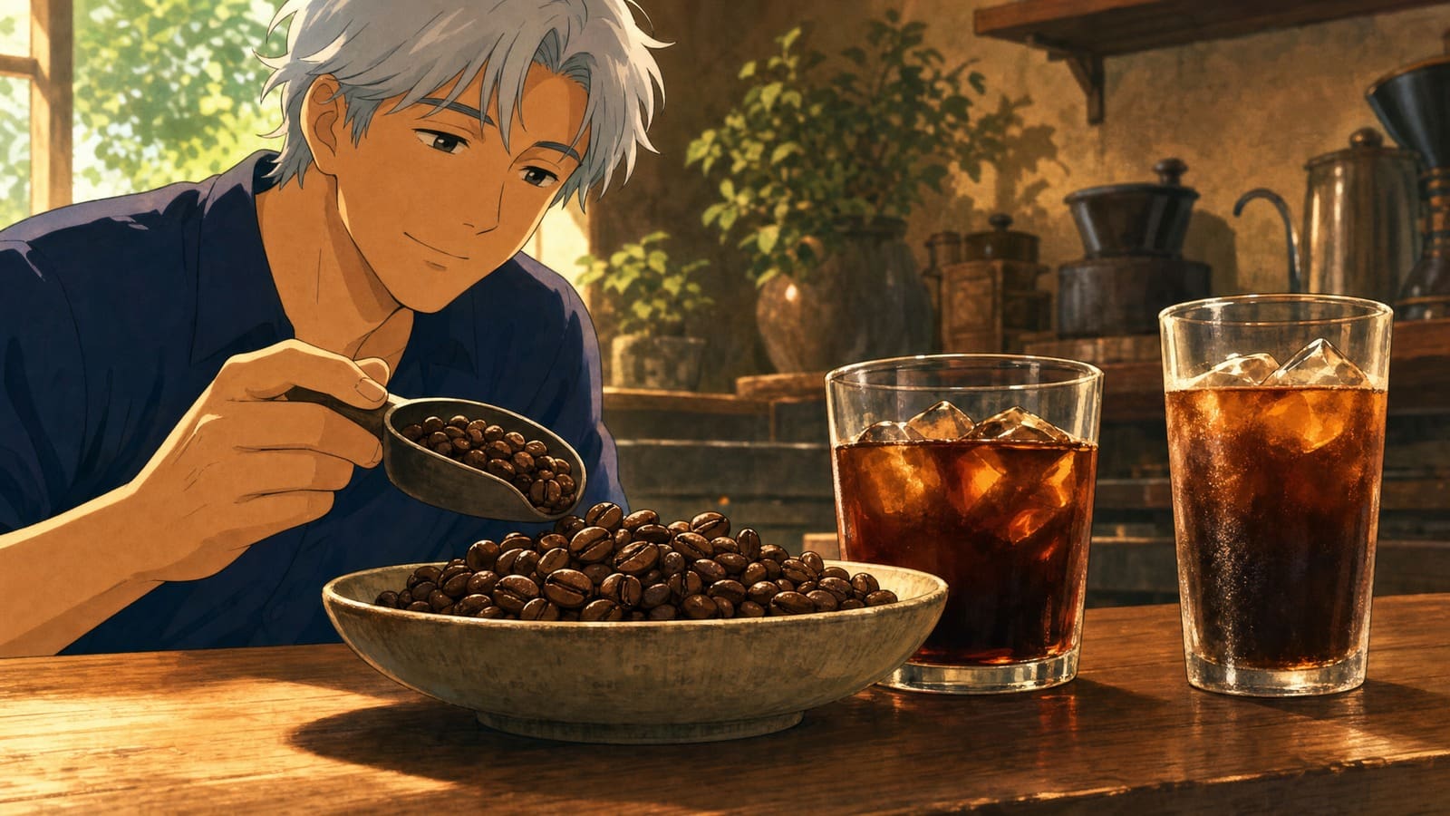 Anime-style illustration of roasted coffee beans beside flash-chilled coffee and cold brew
