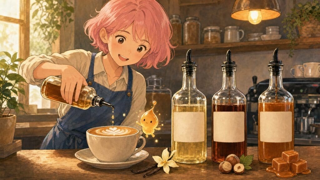 Cozy anime illustration of coffee syrups and a latte