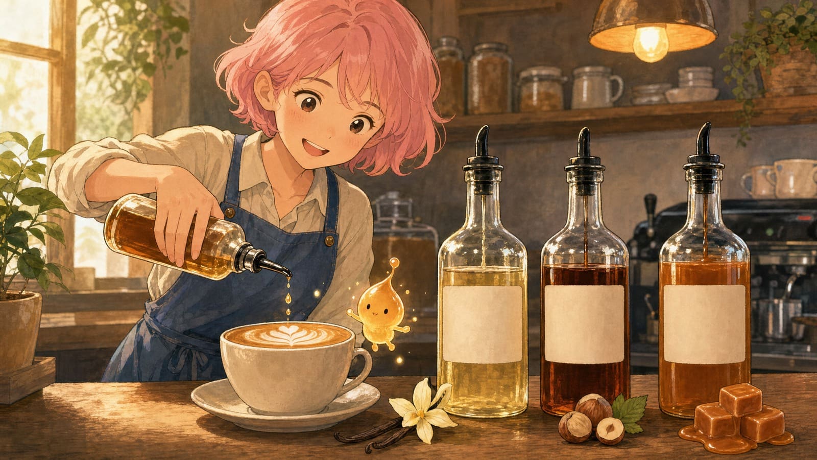 Cozy anime illustration of coffee syrups and a latte