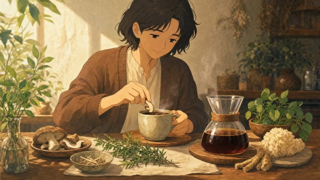 Cozy anime illustration of functional coffee with adaptogenic ingredients