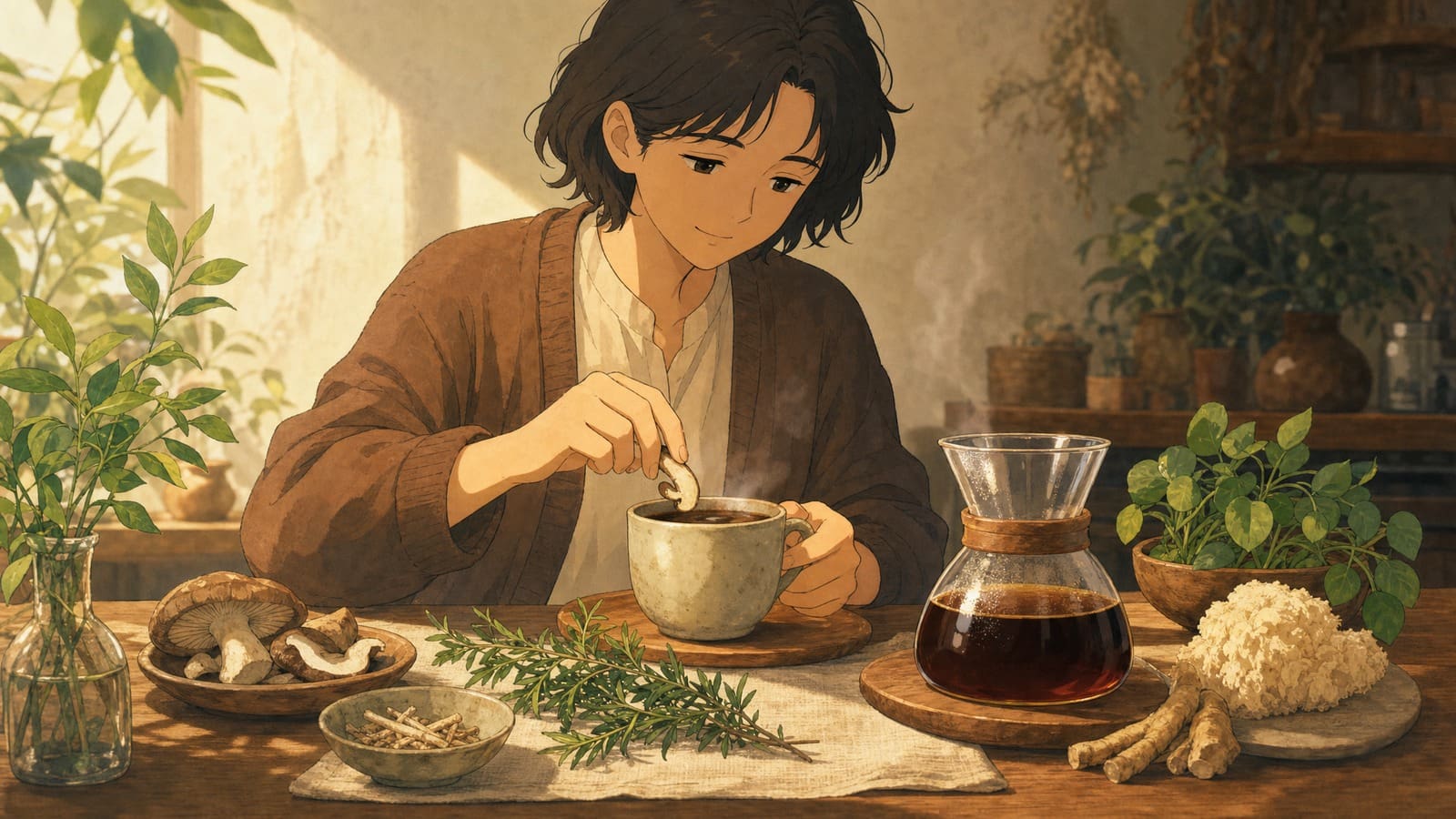 Cozy anime illustration of functional coffee with adaptogenic ingredients