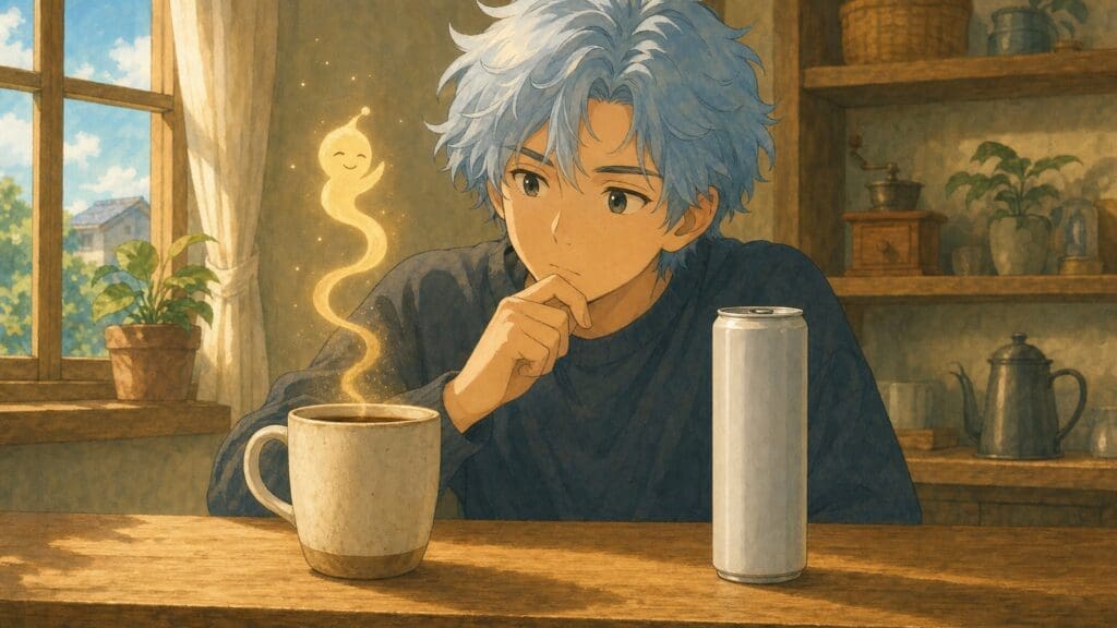 Cozy anime illustration comparing coffee with an unbranded energy drink can